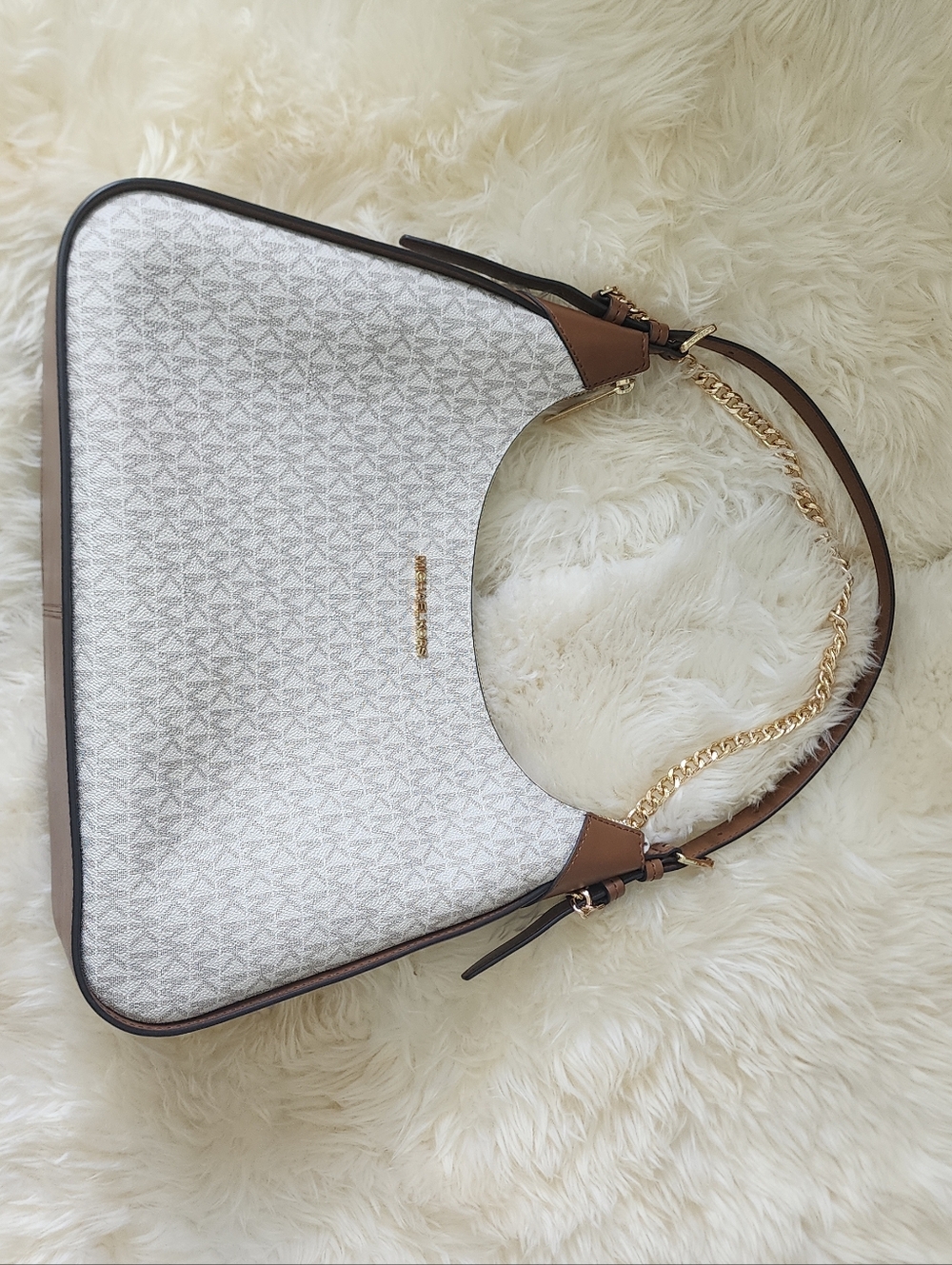 Michael Kors White Signature Hobo with Brown Trim and Gold Chain